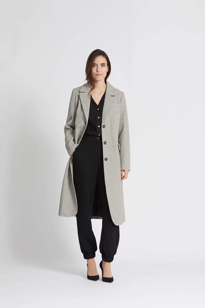 long grey tweed coat